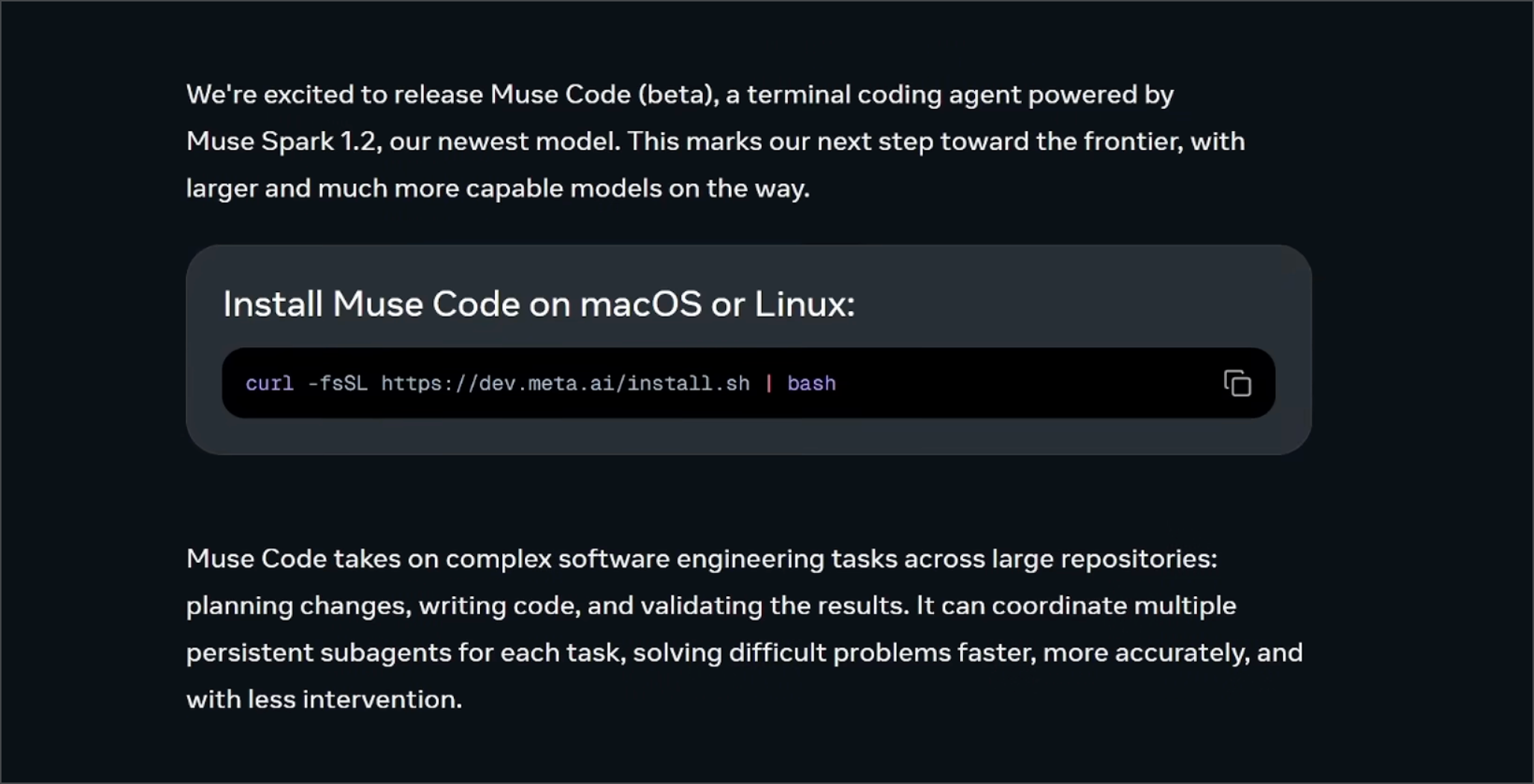 Meta blog announcing Muse Code beta and Muse Spark 1.2, with the install command curl -fsSL https://dev.meta.ai/install.sh | bash