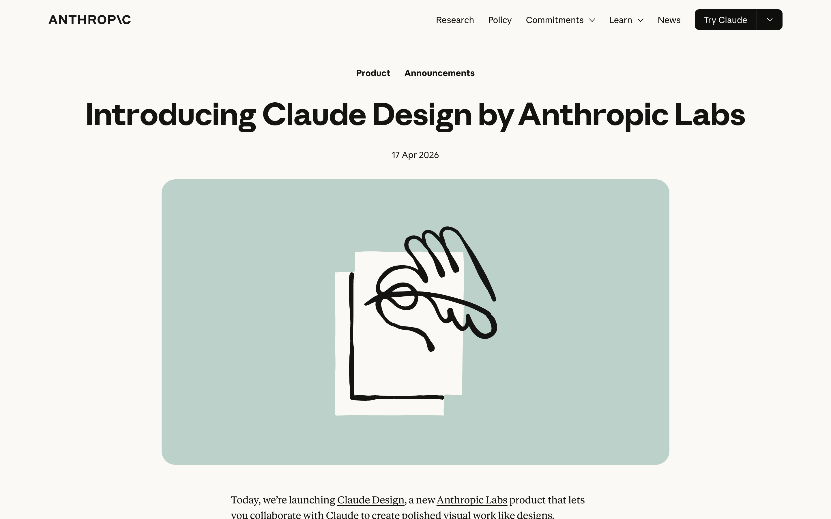Anthropic news page headlined Introducing Claude Design by Anthropic Labs, dated 17 April 2026