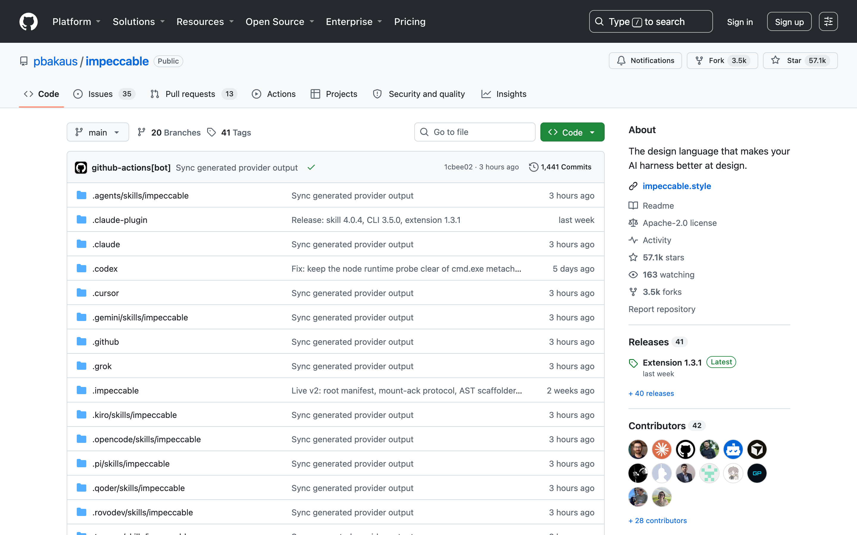 GitHub repository page for pbakaus/impeccable showing 57.1k stars, 3.5k forks, Apache-2.0 license, and a commit in the .claude-plugin directory reading Release: skill 4.0.4, CLI 3.5.0, extension 1.3.1