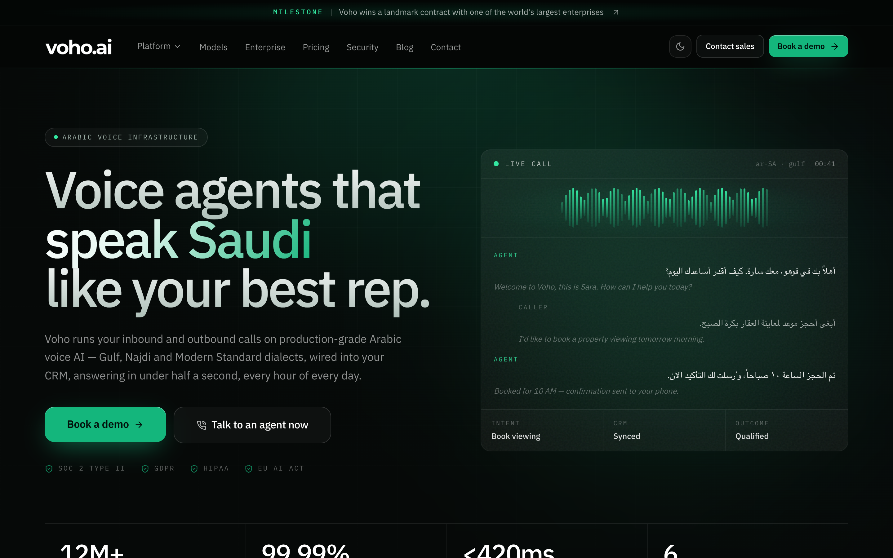 The voho.ai homepage: a dark hero with a small tracked kicker chip reading Arabic Voice Infrastructure above a large gradient-filled headline, grey body text, a row of small compliance badges, and a live-call panel with small monospace labels.