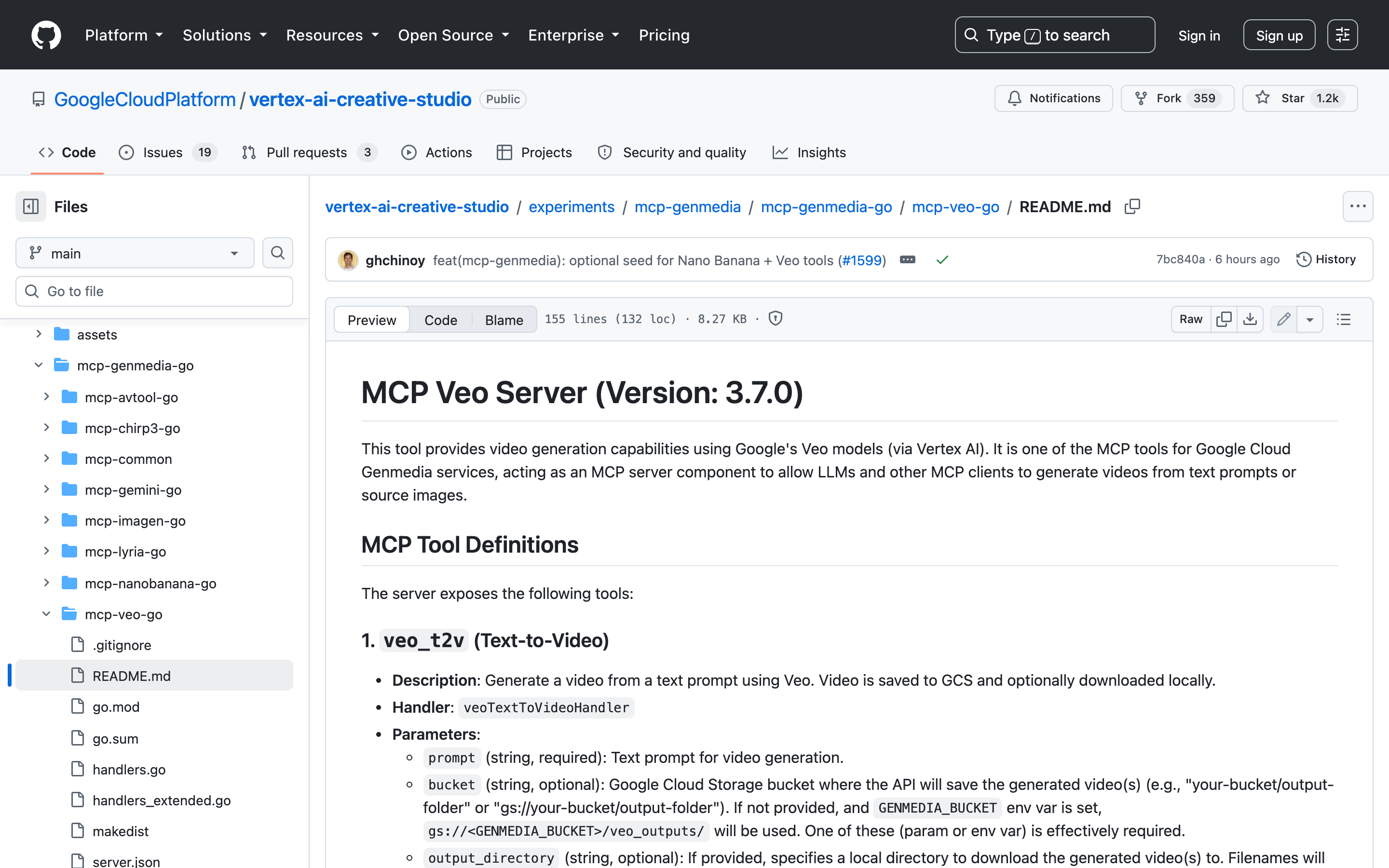 GitHub page for the MCP Veo Server version 3.7.0 in the GoogleCloudPlatform vertex-ai-creative-studio repository, listing the tool veo_t2v with its prompt, bucket and output_directory parameters.