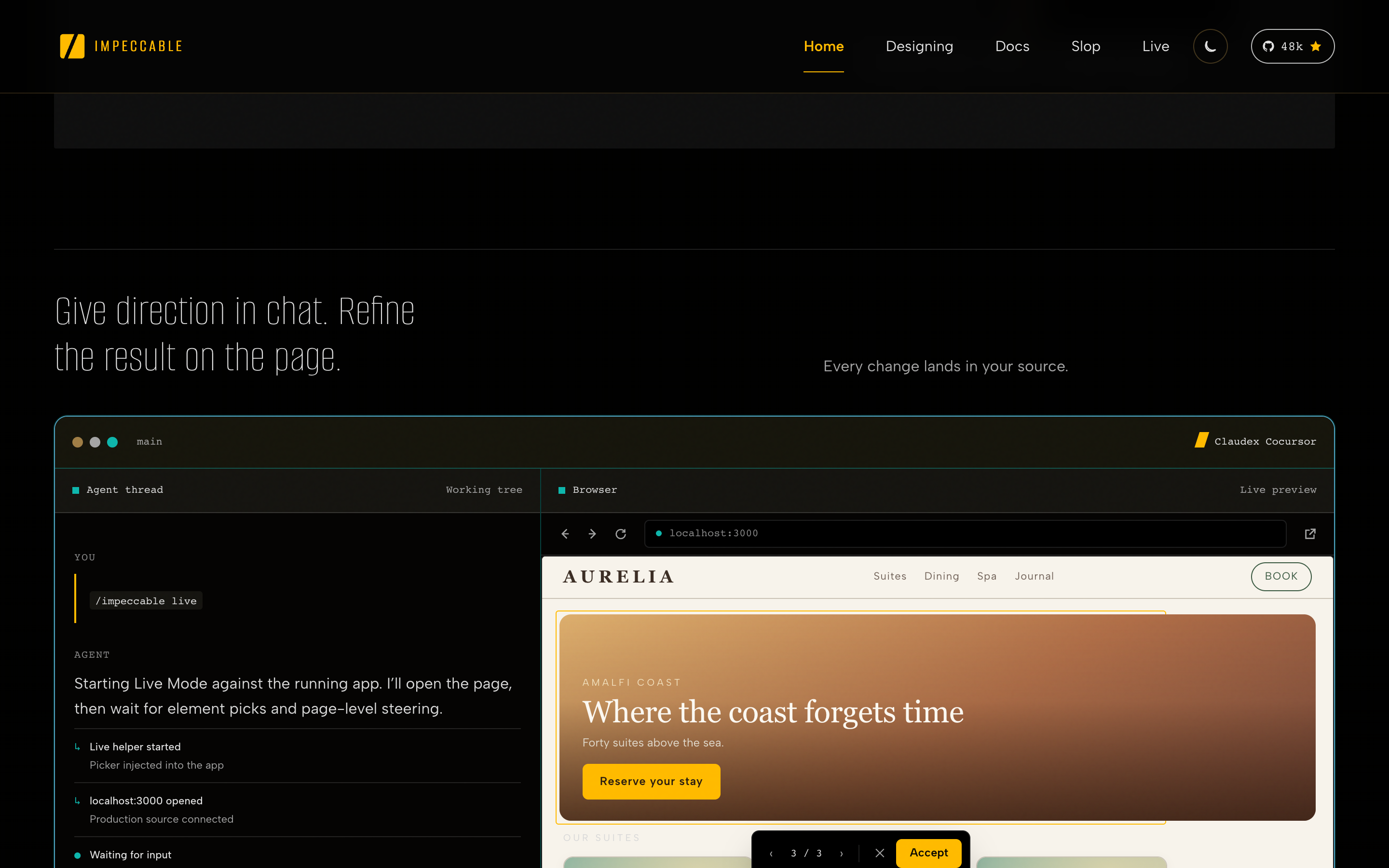 The Impeccable homepage, headlined The missing design vocabulary for agents, with a before and after comparison slider labelling AI kicker, italic serif, side-tab border and AI beige.