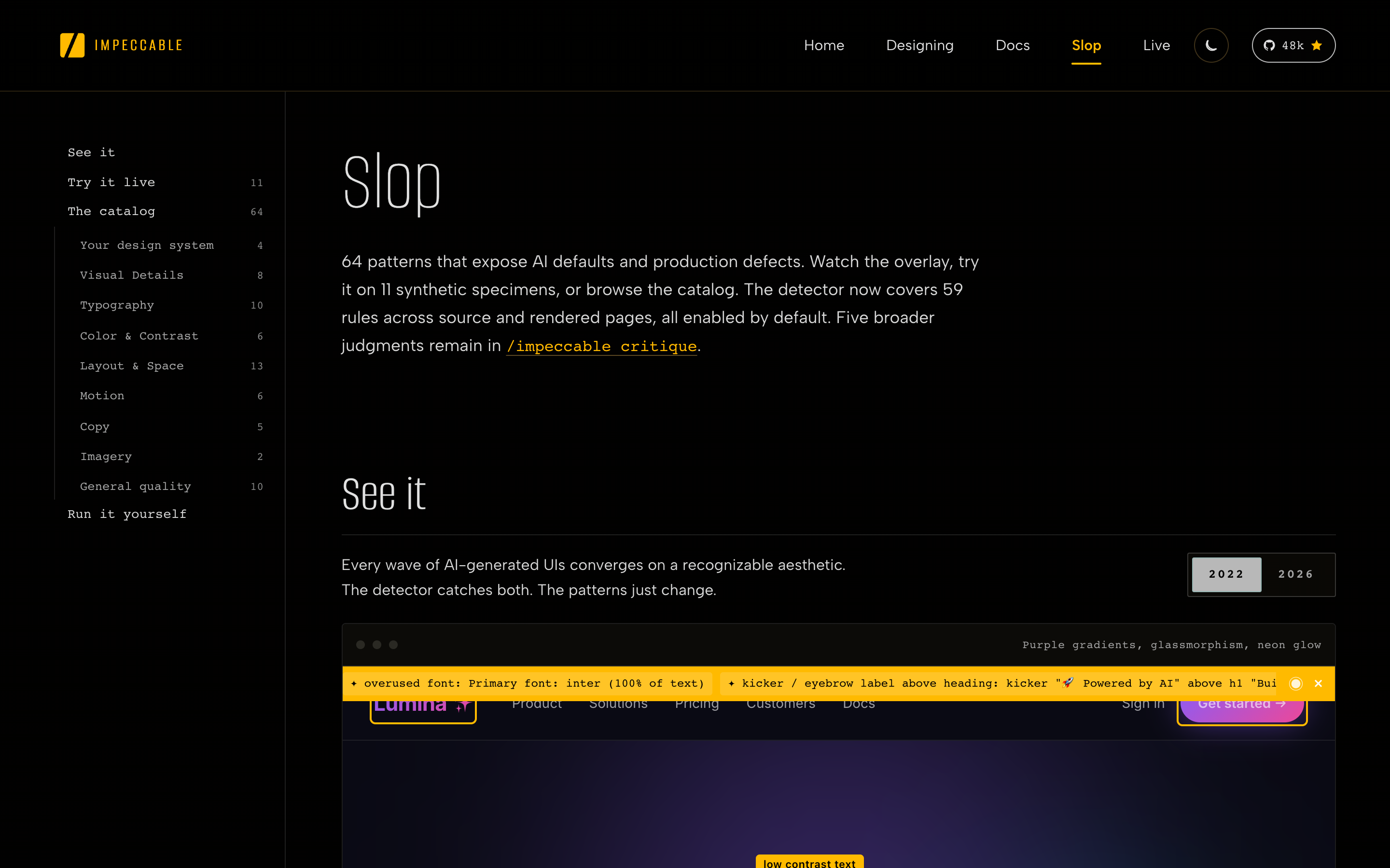 The Impeccable slop page: 64 patterns that expose AI defaults and production defects, with a category index listing Your design system 4, Visual Details 8, Typography 10, Colour and Contrast 6, Layout and Space 13, Motion 6, Copy 5, Imagery 2, General quality 10.