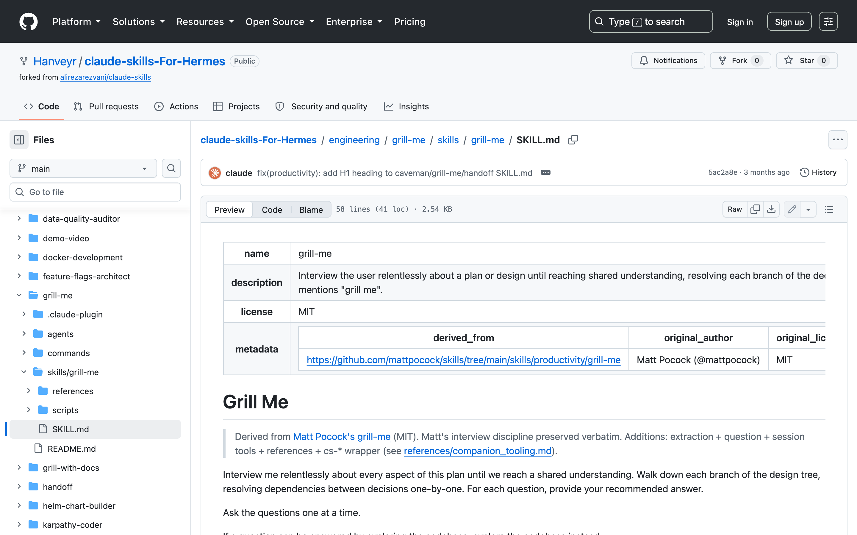 A SKILL.md file rendered on GitHub, showing YAML frontmatter followed by markdown instructions.