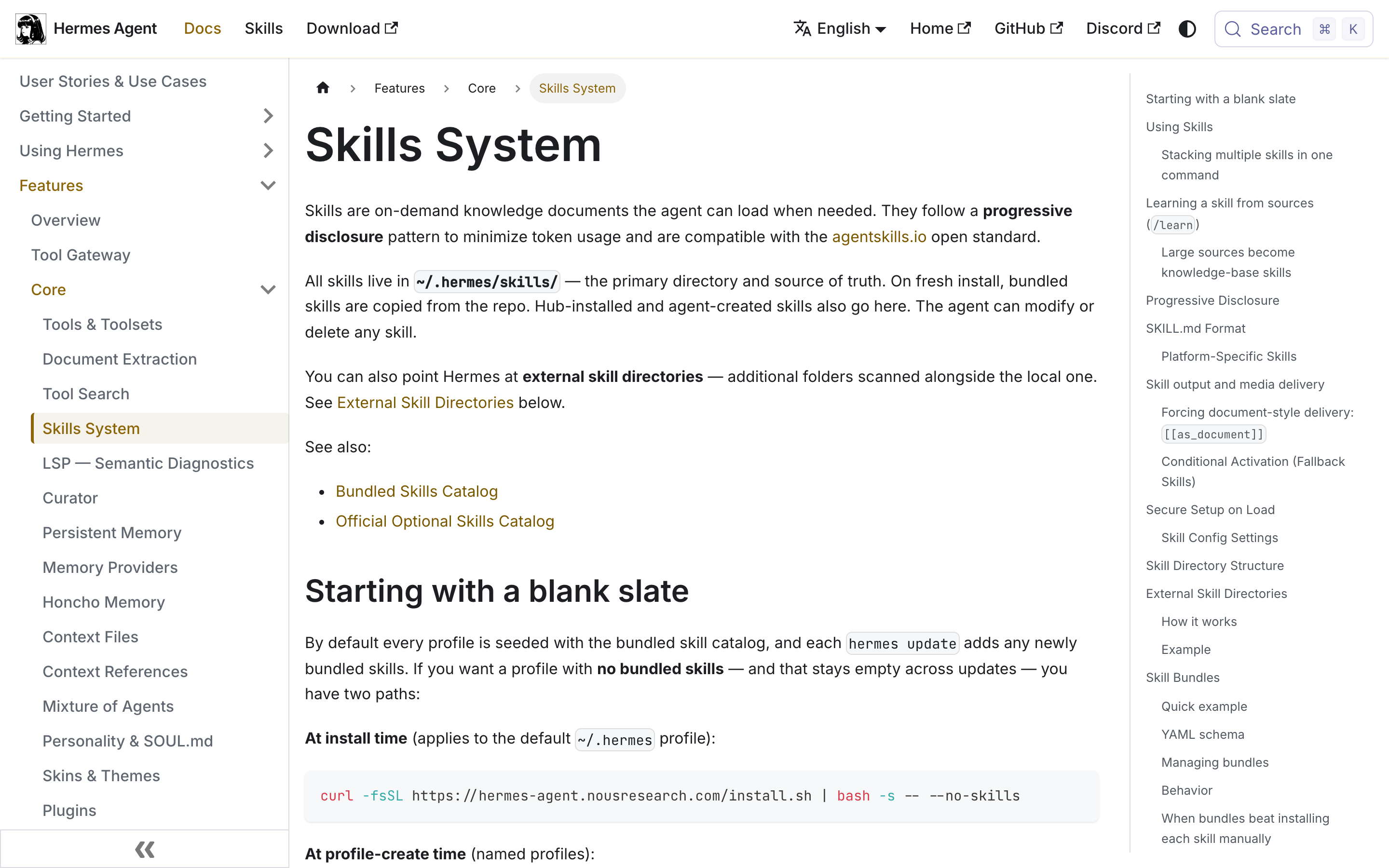 The Hermes Agent documentation page for the Skills System.