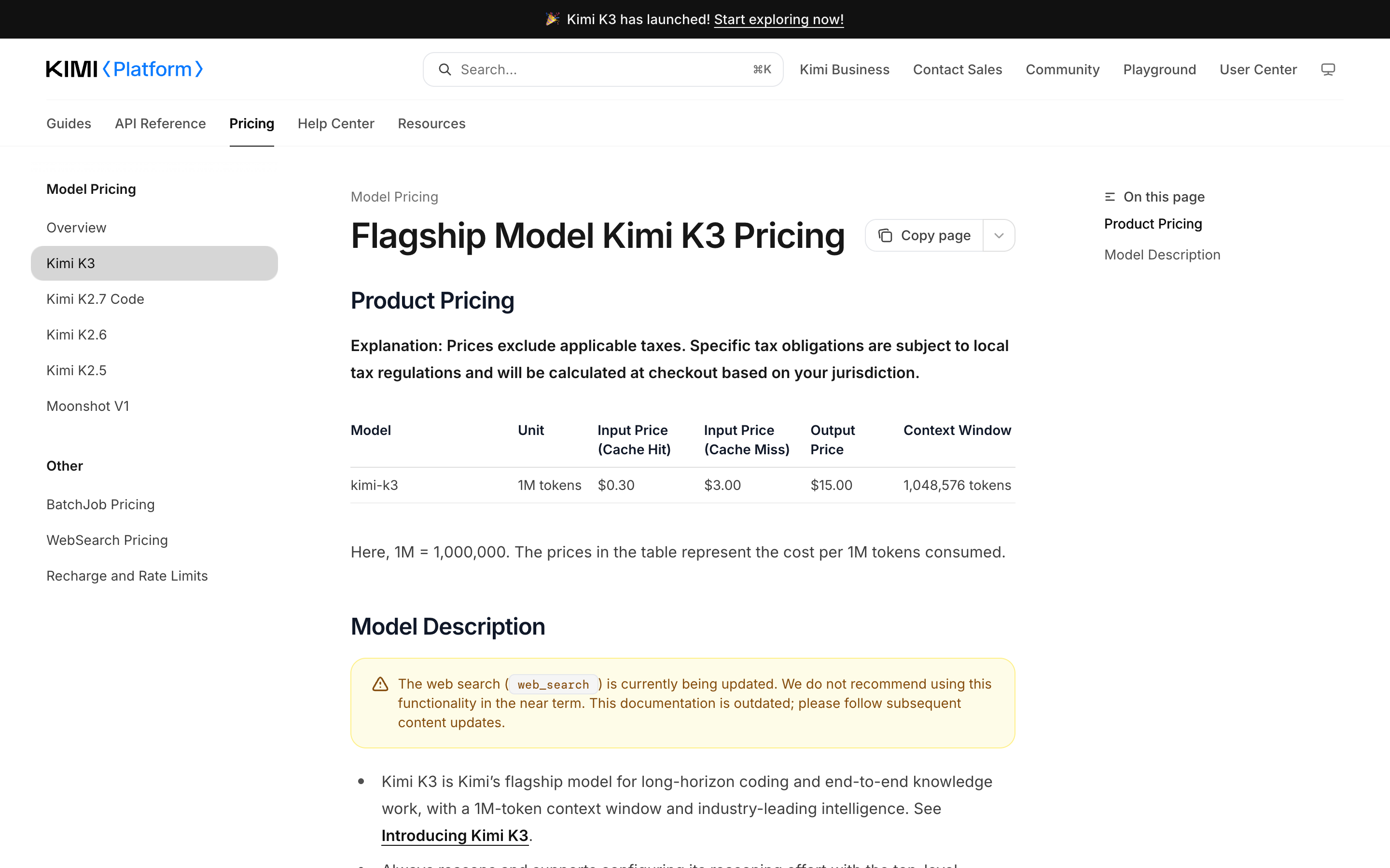Moonshot's Kimi K3 pricing page showing the price table: input cache hit $0.30, cache miss $3.00, output $15.00, context window 1,048,576 tokens.