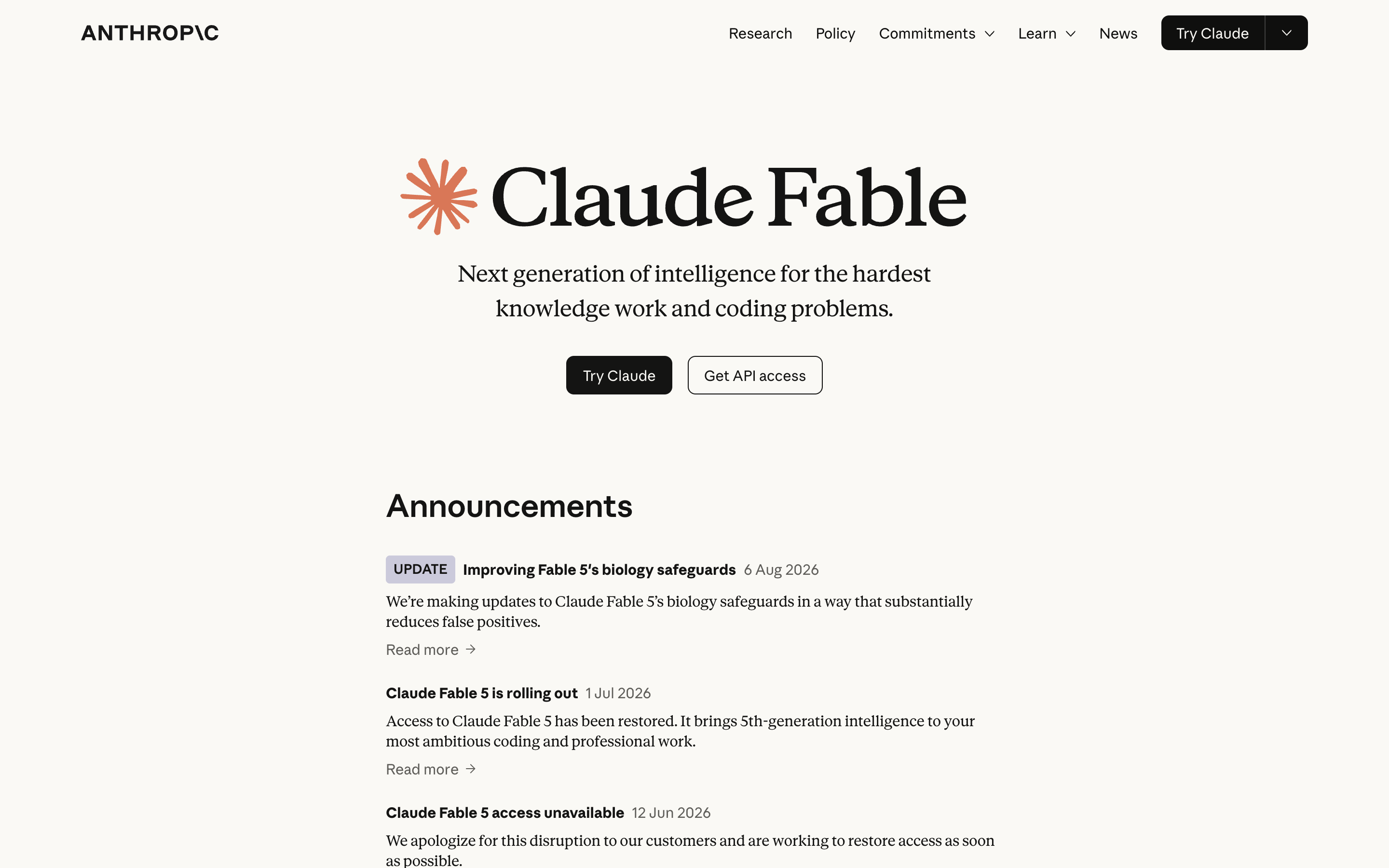 Anthropic's Claude Fable product page.